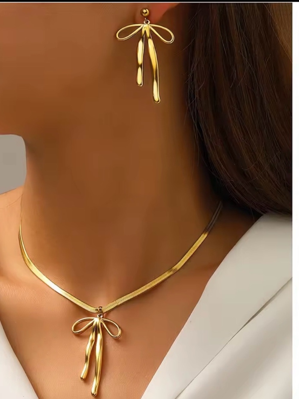 Elegant Gold BowKnot  Pendant Necklace - Ball Hanging  Bow Earrings Set